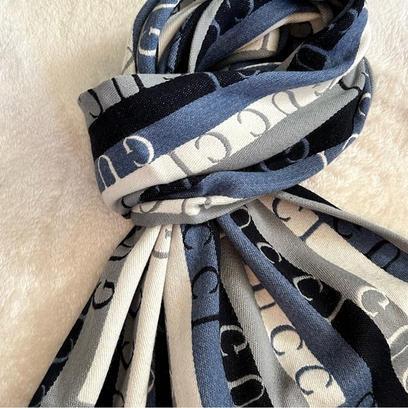 Authentic Gucci Unisex Striped & Signature Wool Scarf Blue Gray White - Picture 5 of 11